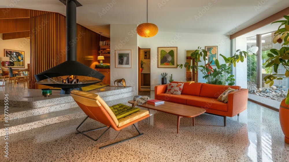 Mid-century modern suburban living room with restored terrazzo flooring ...