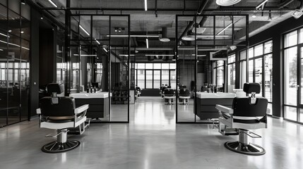 Poster - Modern barbershop with brick walls, large windows, and empty chairs surrounded by black and white fixtures. Well-lit with natural light.