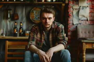 Young man with a beard sits alone in a bar, waiting and looking thoughtful