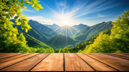 Poster - Empty wooden table with breathtaking view of sun shining over a mountain valley in spring