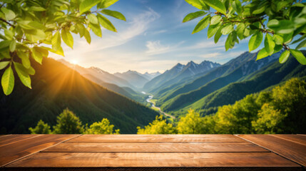 Fototapete - Empty wooden table for displaying products with blurred mountain landscape in background at sunset