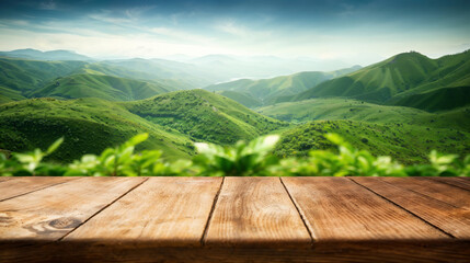 Poster - Empty wooden table is set against a backdrop of rolling green hills and a hazy blue sky, creating a serene and inviting atmosphere