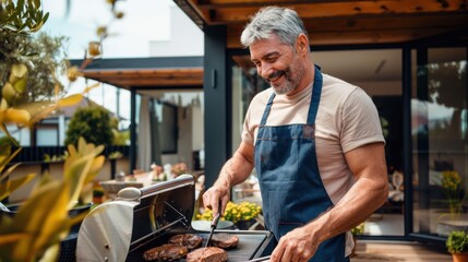 Wall Mural - The man grilling steaks