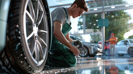 Wall Mural - The mechanic cleaning floor