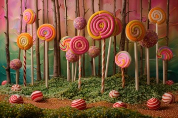 Sticker - Whimsical and colorful forest scene with lollipops growing like trees and candy scattered on the ground