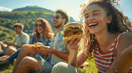 Wall Mural - The friends enjoying burgers