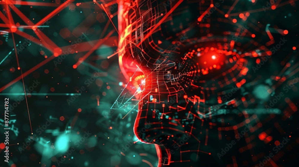 This futuristic digital artwork displays a face made up of red and blue ...