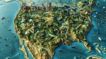 A 3D illustrated map of the USA, featuring notable landmarks, sprawling cities, lush forests, and diverse terrains with a vibrant and informative representation.