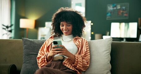 Poster - Girl, relax and happy on sofa with smartphone for order lunch, menu option and restaurant selection for choosing. Woman, mobile phone and internet on couch in home for promotion and convenience.