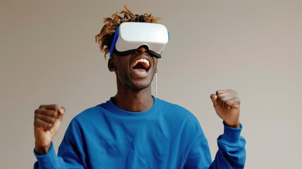 Wall Mural - The excited man in VR headset