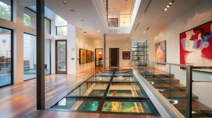 Suburban contemporary home with a glass-floored gallery that showcases a below-grade art collection