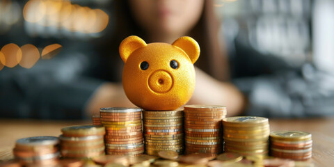 Wall Mural - A golden piggy bank sitting on stacked coins symbolizes saving money, financial growth, and investment concepts.