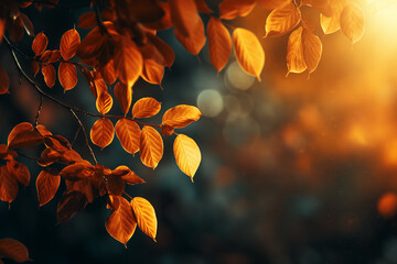 Autumn leaves in warm sunlight, vibrant orange foliage, serene nature scene with copy space