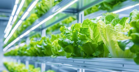 Wall Mural - A row of green lettuce plants are growing in a greenhouse, hydroponic garden