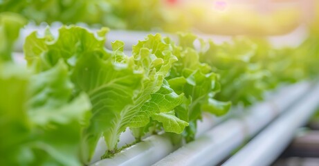 Wall Mural - A row of green lettuce plants are growing in a hydroponic system, hydroponic garden