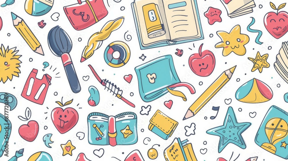 This image features a seamless pattern of various school supplies scattered on a white background, including books, pencils, and whimsical shapes, suggesting a creative learning atmosphere.