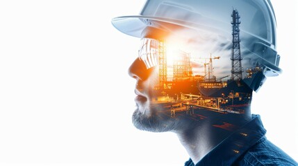 Canvas Print - A man wearing a hard hat and safety glasses is looking at a city skyline