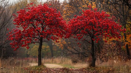 Poster - Autumnal Red Trees in a Forest Path