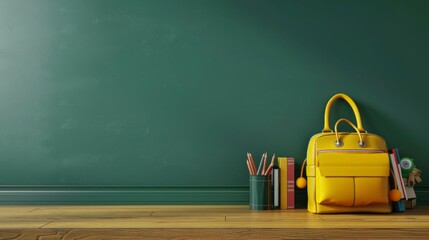 A yellow backpack sitting on the floor is surrounded by books, a pencil holder, and school supplies, set against a dark green wall, depicting a serene study environment.