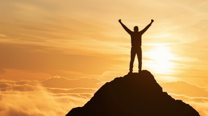 Canvas Print - A man is standing on top of a mountain, with the sun setting behind him