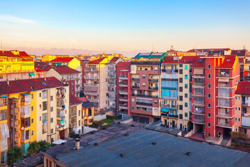 Wall Mural - Cityscape with many colorful  buildings in Turin , Italy. Italian urban skyline featuring a variety of houses