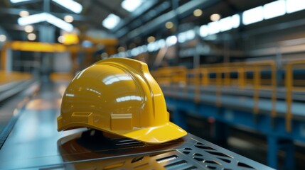 A bright yellow safety helmet placed on a metal surface in a modern industrial environment, representing safety and responsibility in the workplace.