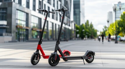 Two electric scooters are parked on a sidewalk in front of a building