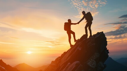 Canvas Print - Two people are climbing a mountain and one of them is helping the other