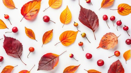 Wall Mural - Autumn themed mockup with vibrant leaves and berries on white background