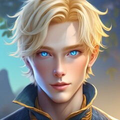 Wall Mural - ai generative of a young man with blonde hairdo and blue eyes posing