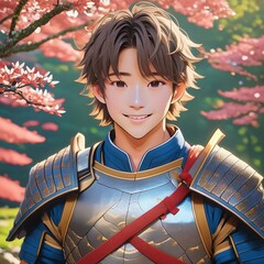 Wall Mural - ai generative of a young man in samurai armor posing for the camera