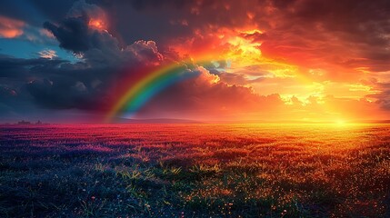 Wall Mural - Rainbow over fields creates a magical and colorful scene with a spectrum of colors arcing over lush landscapes perfect for enchanting and vibrant backgrounds Background Illustration, Bright color