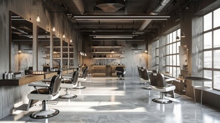 Poster - A modern barbershop with a concrete wall, large windows, and multiple barbershop chairs.