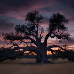 A captivating silhouette of a majestic old tree set against a twilight sky with a crescent moon. This serene and dramatic image is perfect for themes of nature, tranquility, and natural beauty.