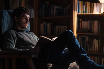 Canvas Print - a man reading a book in a chair