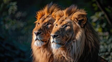 Sticker - Two lions standing next to each other in the wild. The lions are looking at the camera. The image has a sense of majesty and power