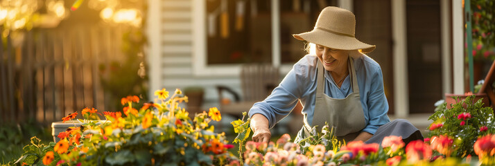 Wall Mural - Beautiful senior lady working in the garden. Landscape designer at work. Smiling elderly woman gardener caring for flowers and plants. Hobby in retirement.