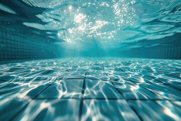 Wall Mural - A pool with a blue tile floor and water. The water is clear and calm