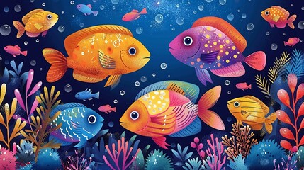 Wall Mural - Brightly colored fish swim in vibrant underwater scenes showcasing the beauty of aquatic life perfect for lively and colorful backgrounds Background Illustration, Bright color tones, , Minimalism,