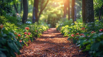 Wall Mural - Sunlit garden paths meander through vibrant and lush gardens with dappled sunlight creating a serene and inviting scene perfect for tranquil backgrounds Background Illustration, Bright color tones, ,