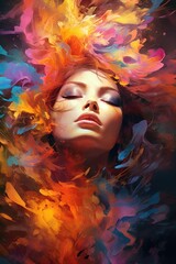 Wall Mural - Vertical of surreal portrait with vibrant colors depicting a woman face merging with a cosmic explosion. Portrait of female surrounded with explosion of vibrant color. Psychedelic concept. AIG35.