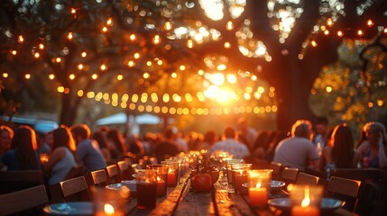 blur people picnic in a public Park with family or friends. the food festival at night