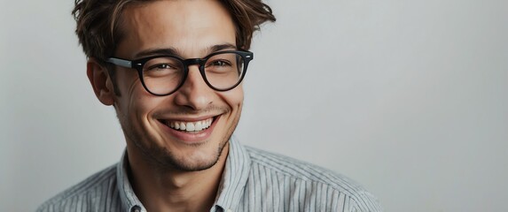 Wall Mural - smiling portrait nerd guy on plain white background for banner background copy space