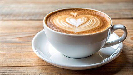 Poster - Close-up of a creamy cappuccino in a white cup with a heart-shaped foam design , coffee, espresso, drink, frothy, delicious