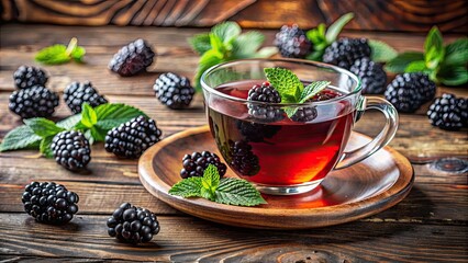 Canvas Print - Cup of blackberry tea with fresh blackberries and mint leaves on a rustic table, blackberry tea, fresh, blackberries, mint leaves