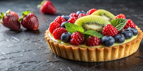 Canvas Print - Delicious tart topped with fresh berries and kiwi slices, food, dessert, pastry, tasty, sweet, fruit, colorful, homemade