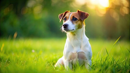 Poster - Jack Russell terrier sitting on lush green grass , dog, jack russell, terrier, sitting, grass, outdoor, pet, small, cute