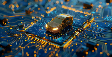Futuristic concept of autonomous vehicle technology with a small car on a computer chip circuit board, symbolizing innovation and connectivity.