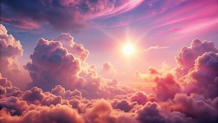 Canvas Print - Dreamy pink rosy clouds with sun behind, creating a surreal and magical atmosphere, dreamy, pink, rosy, clouds, sun, puffy