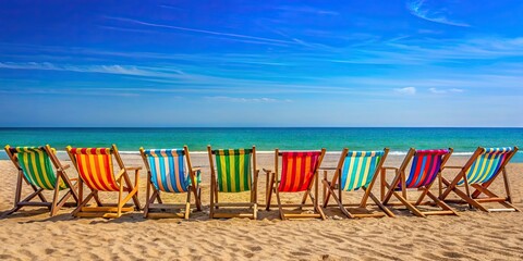 Sticker - Colorful beach chairs lined up on a sandy beach overlooking the sea , vacation, tropical, relaxation, leisure, summer